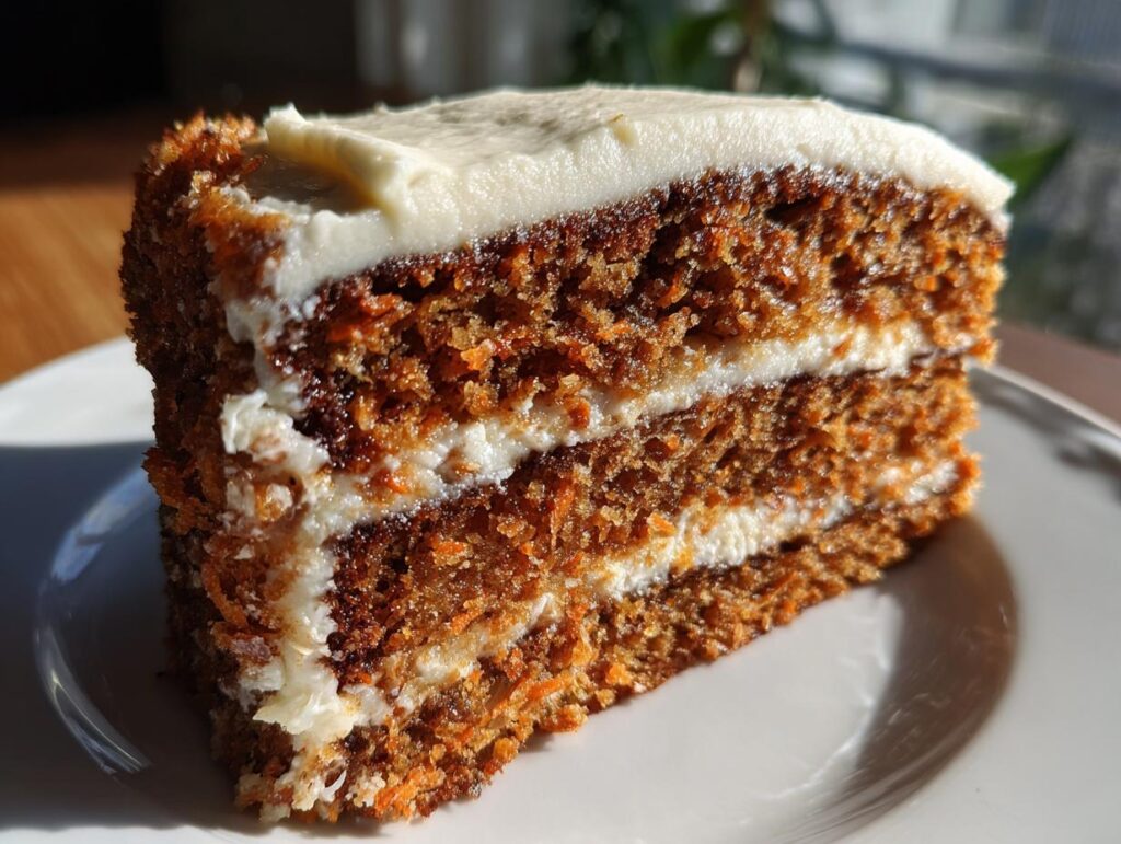 A delicious slice of carrot cake with cream cheese frosting, a perfect dessert.