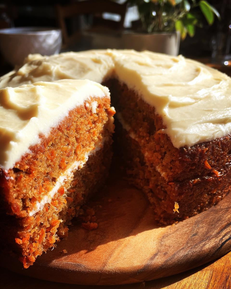 Close-up of a slice of carrot cake with cream cheese frosting, showing the moist cake layers.
