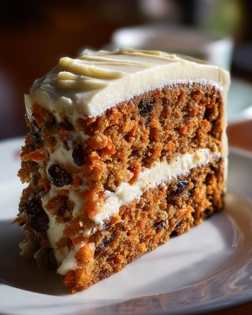 A delicious slice of Carrot Cake with Cream Cheese Frosting on a white plate, showing layers and raisins.