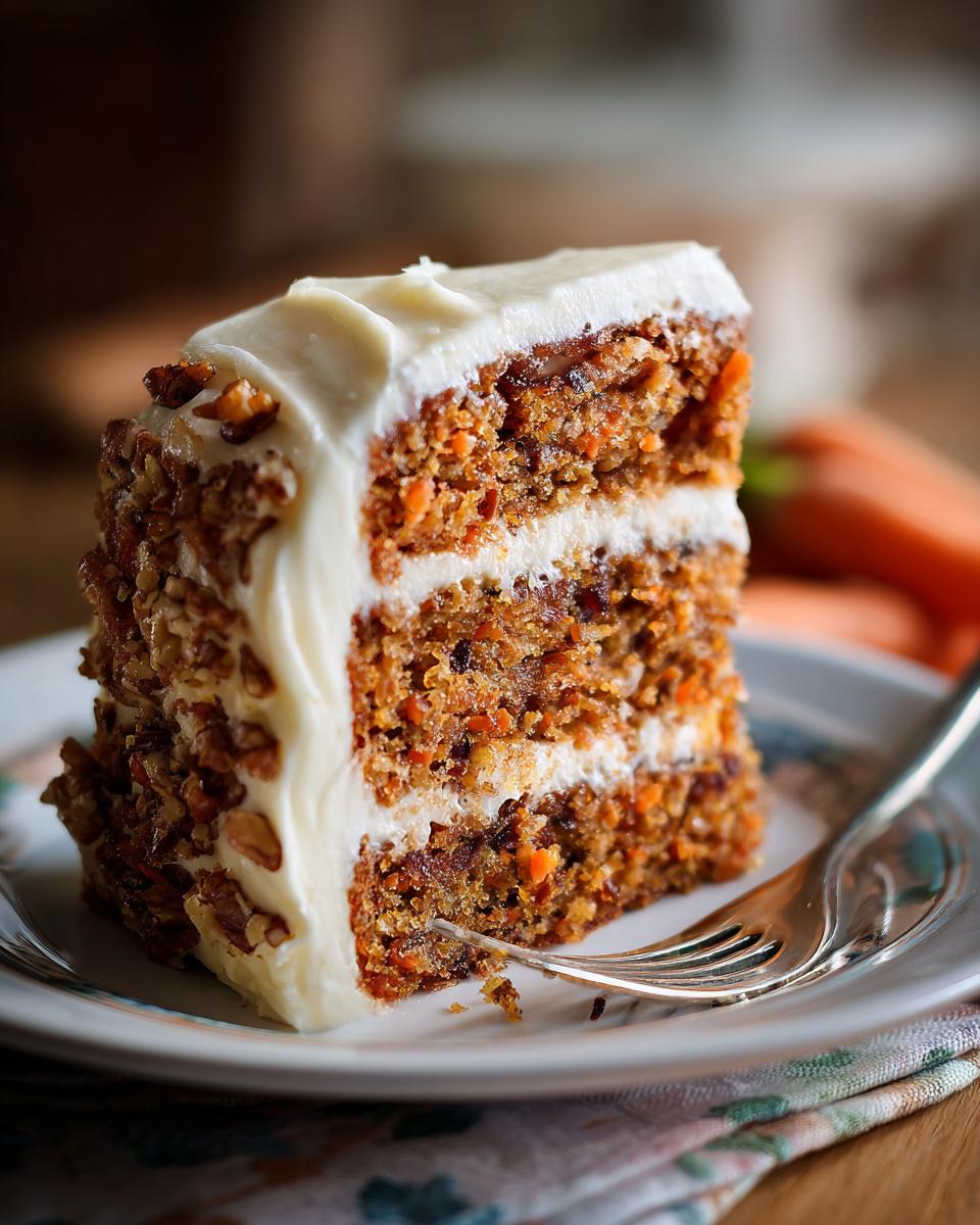 A delicious slice of Carrot Cake with Cream Cheese Frosting on a plate, ready to eat.