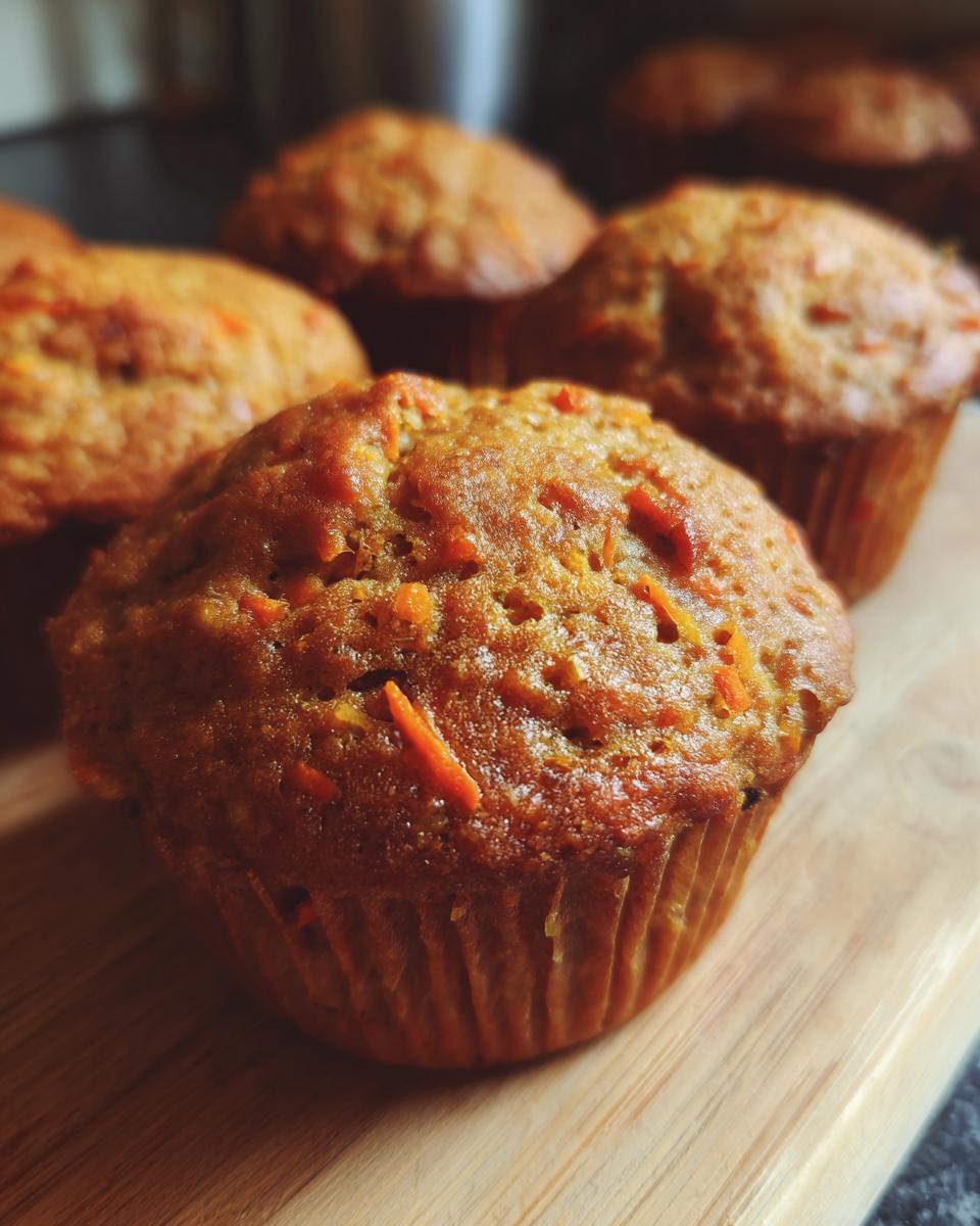 Close-up of freshly baked Carrot Cake Pup Muffins on a wooden board.