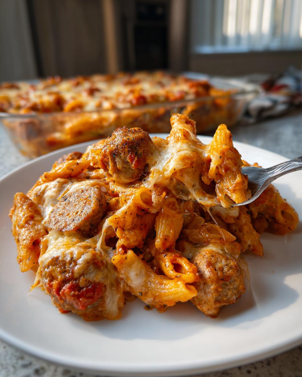 Close-up of cheesy one-pot sausage and pasta bake with sausage, pasta, and melted cheese.