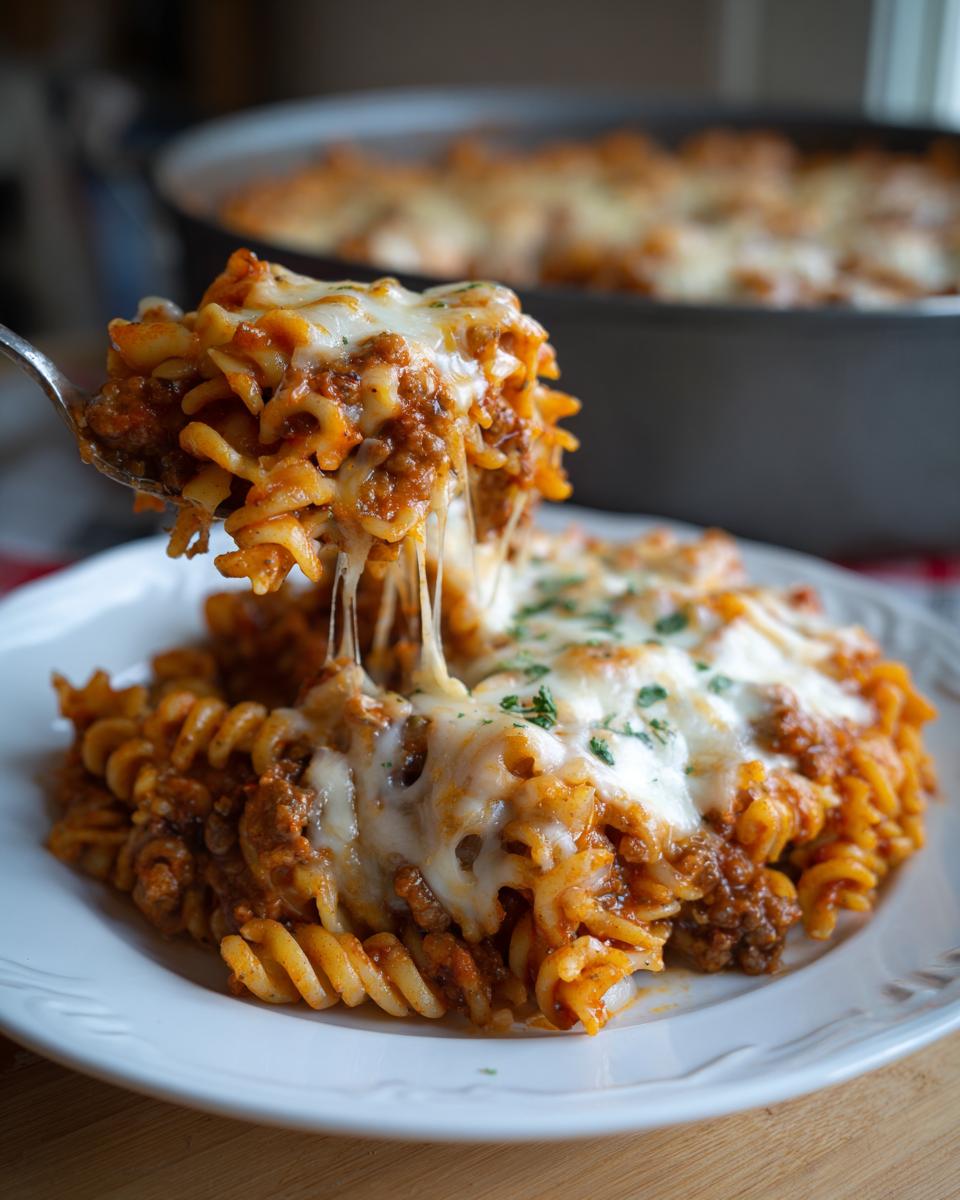 Close-up of Cheesy One-Pot Sausage & Pasta Bake with melted cheese, served on a white plate.