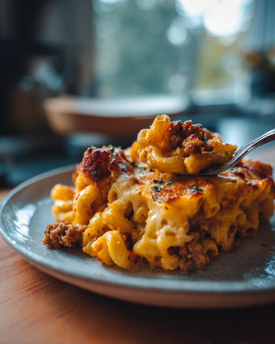Close-up of a slice of Cheesy One-Pot Sausage & Pasta Bake on a plate, with a fork.