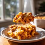 Close-up of a slice of Cheesy One-Pot Sausage & Pasta Bake with a cheese pull, on a plate.