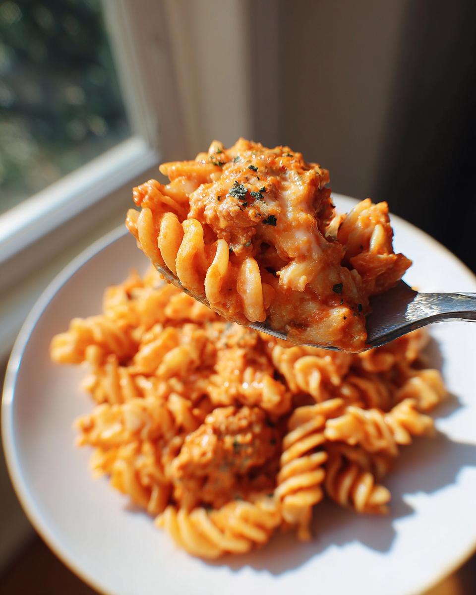 Close-up of a spoonful of Cheesy One-Pot Sausage & Pasta Bake, showing pasta and sauce.