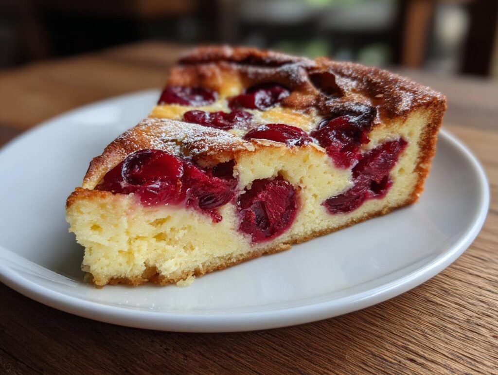 A slice of Cherry Almond Clafoutis on a white plate, showcasing the cherries.