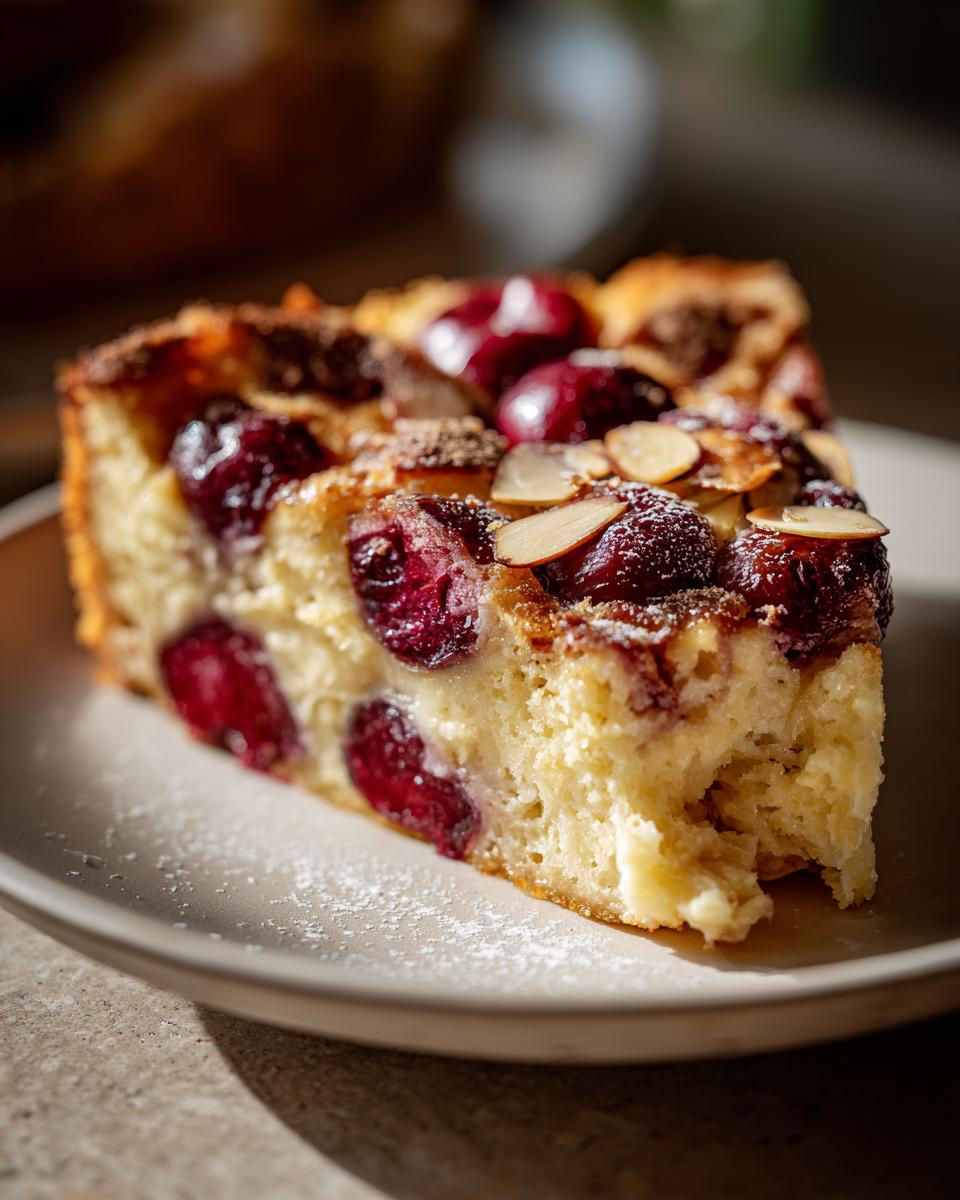 A slice of delicious Cherry Almond Clafoutis, with fresh cherries and almond flakes, on a plate.
