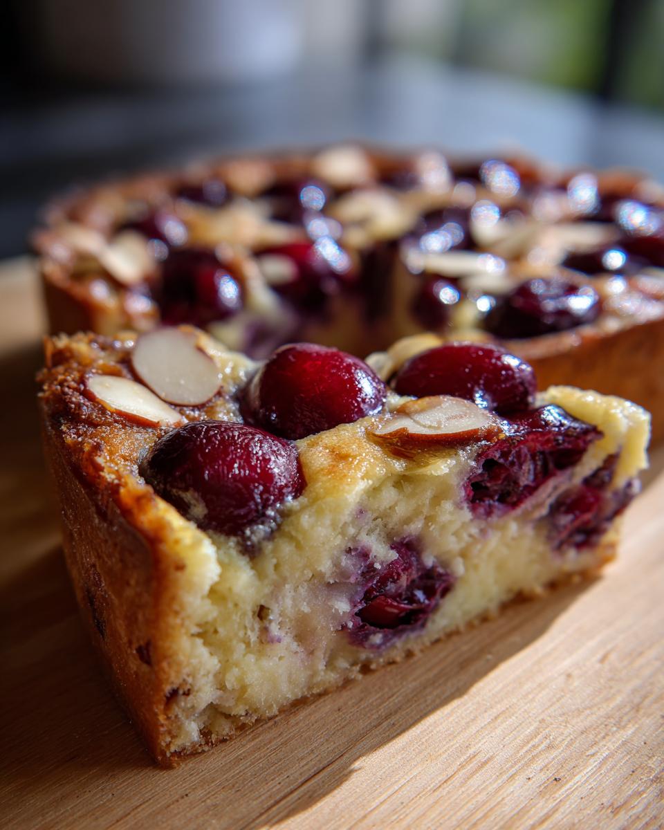 Close-up of a slice of Cherry Almond Clafoutis, showing cherries and almonds on a wooden surface.