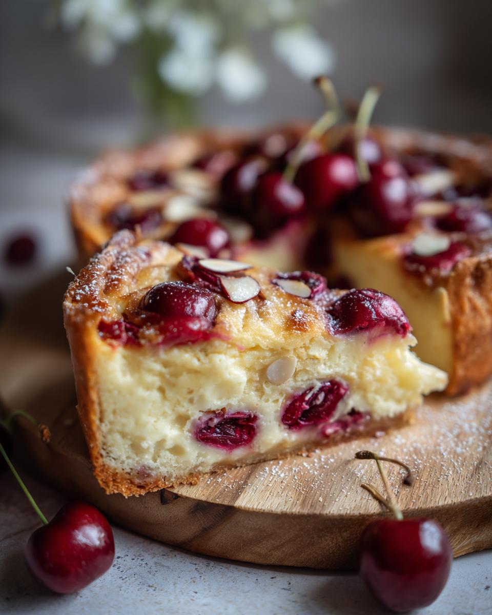 Close-up of a slice of Cherry Almond Clafoutis, showcasing cherries and almonds.