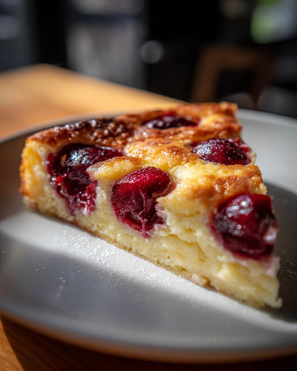 Close-up of a slice of Cherry Almond Clafoutis, showcasing the cherries and custard.