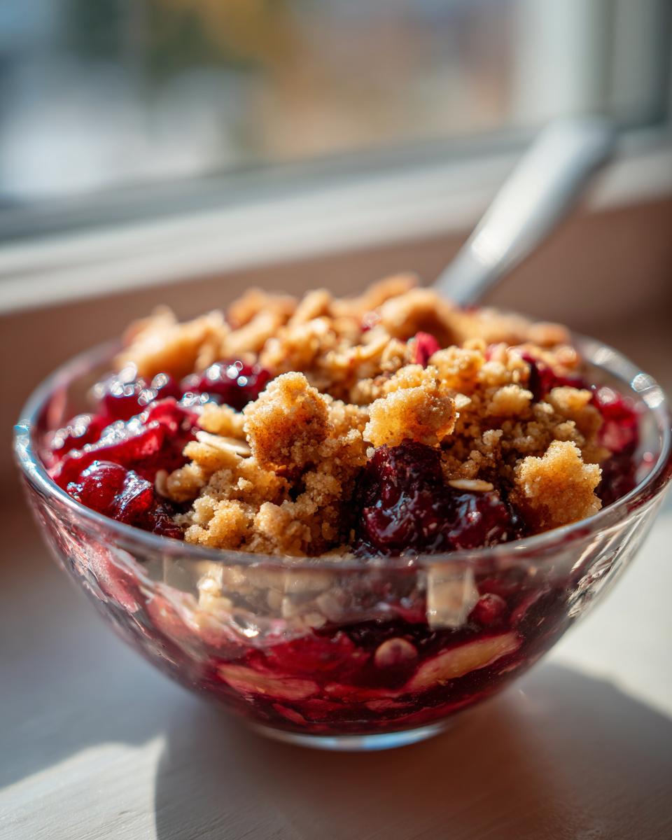 Close-up of a bowl of Cherry Berry Crisp with a golden crumble topping.