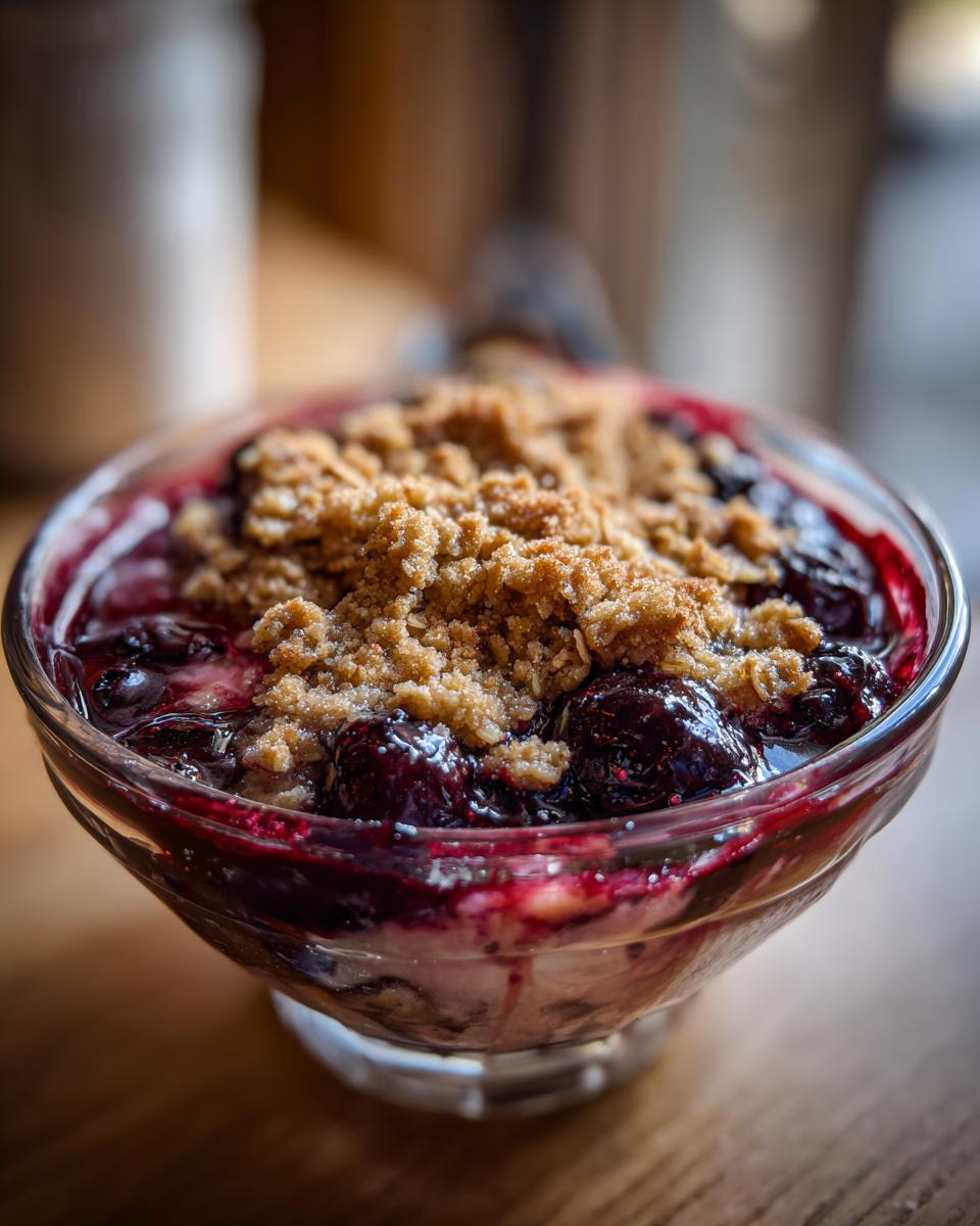 Close-up of a Cherry Berry Crisp in a glass bowl, with a golden crumble topping.