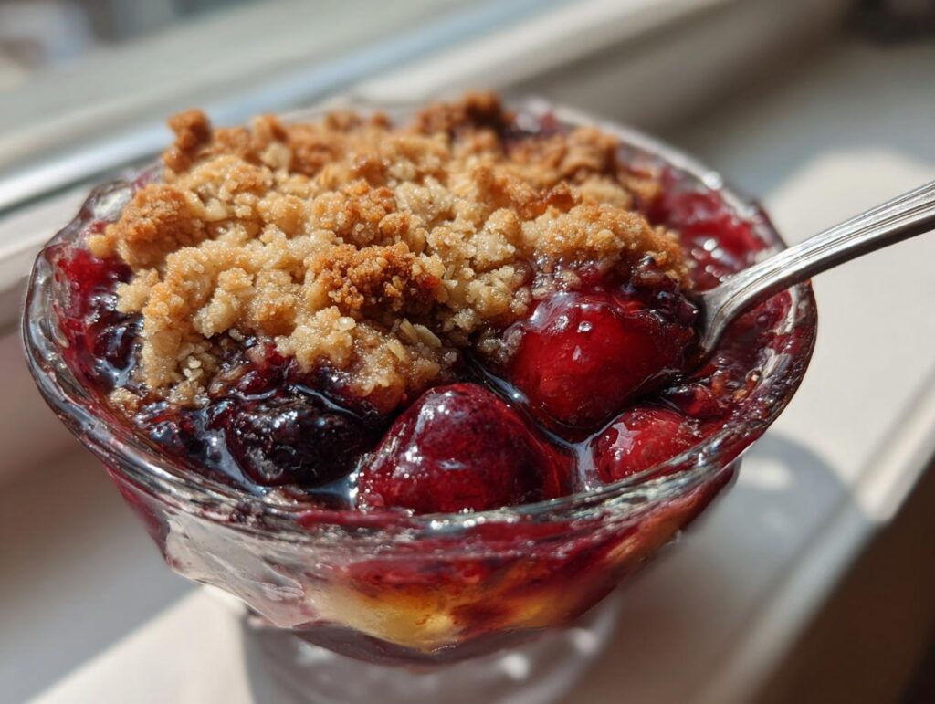 Close-up of a serving of Cherry Berry Crisp in a glass dish, with a spoon.