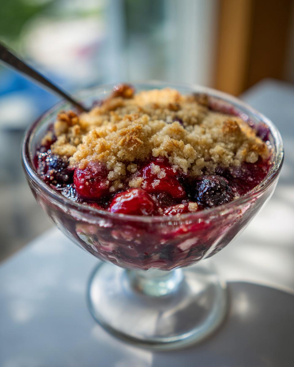 Close-up of a Cherry Berry Crisp served in a glass dessert dish with a spoon.