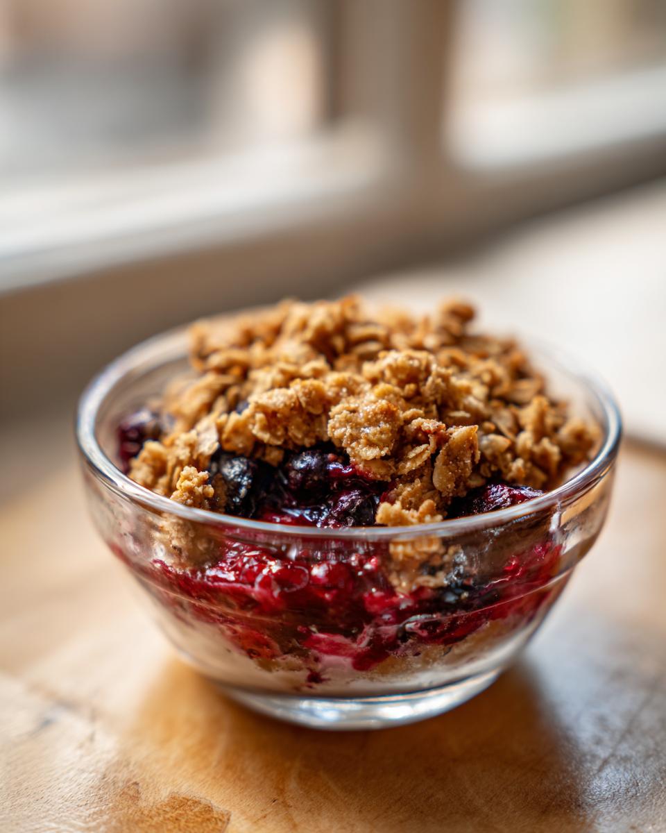 Close-up of a glass bowl filled with Cherry Berry Crisp, showing the fruit filling and crispy topping.