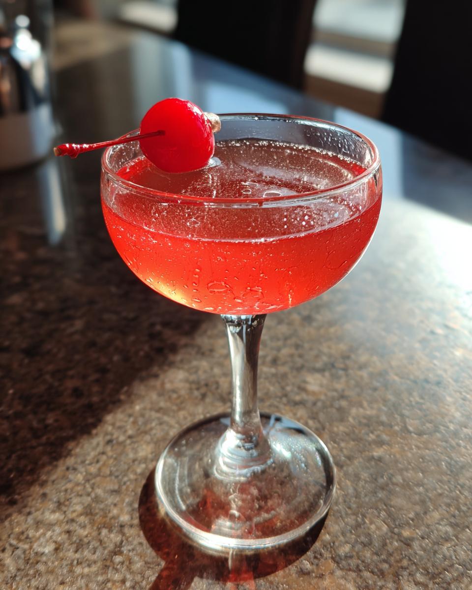A vibrant Cherry Blossom Cocktail in a coupe glass, garnished with a cherry.