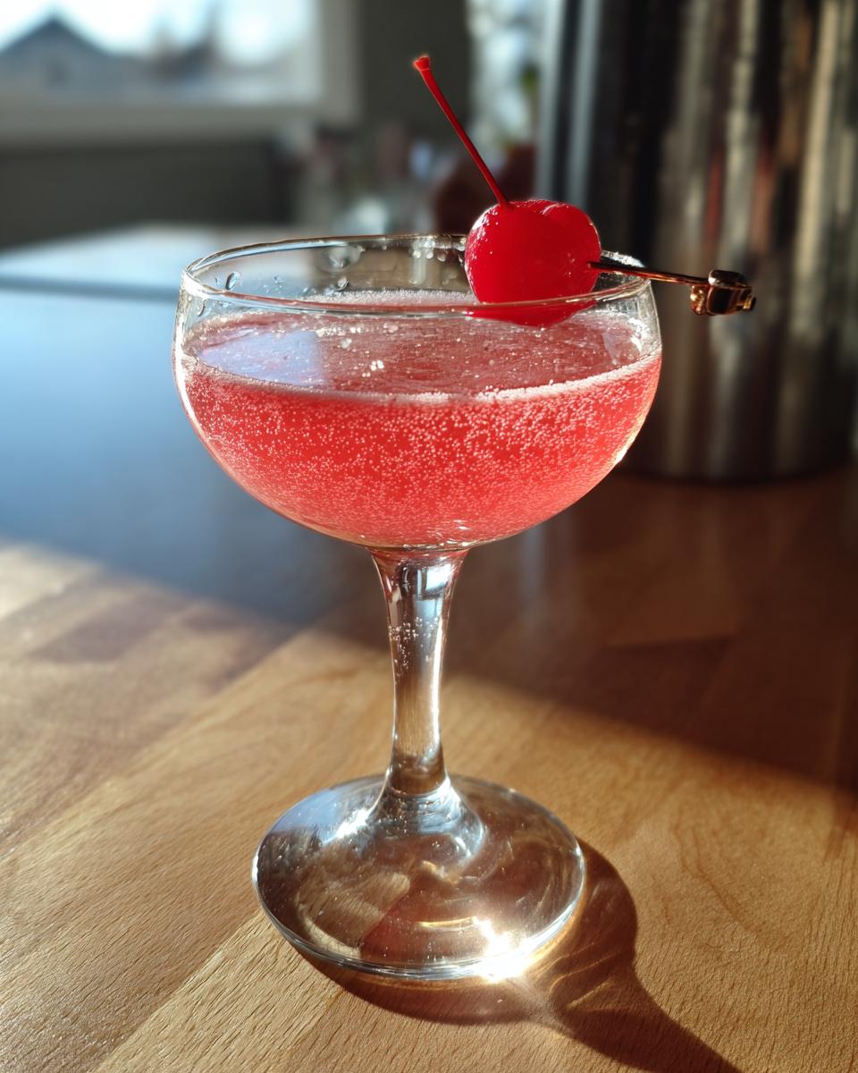 Close-up of a Cherry Blossom Cocktail in a coupe glass, garnished with a cherry.