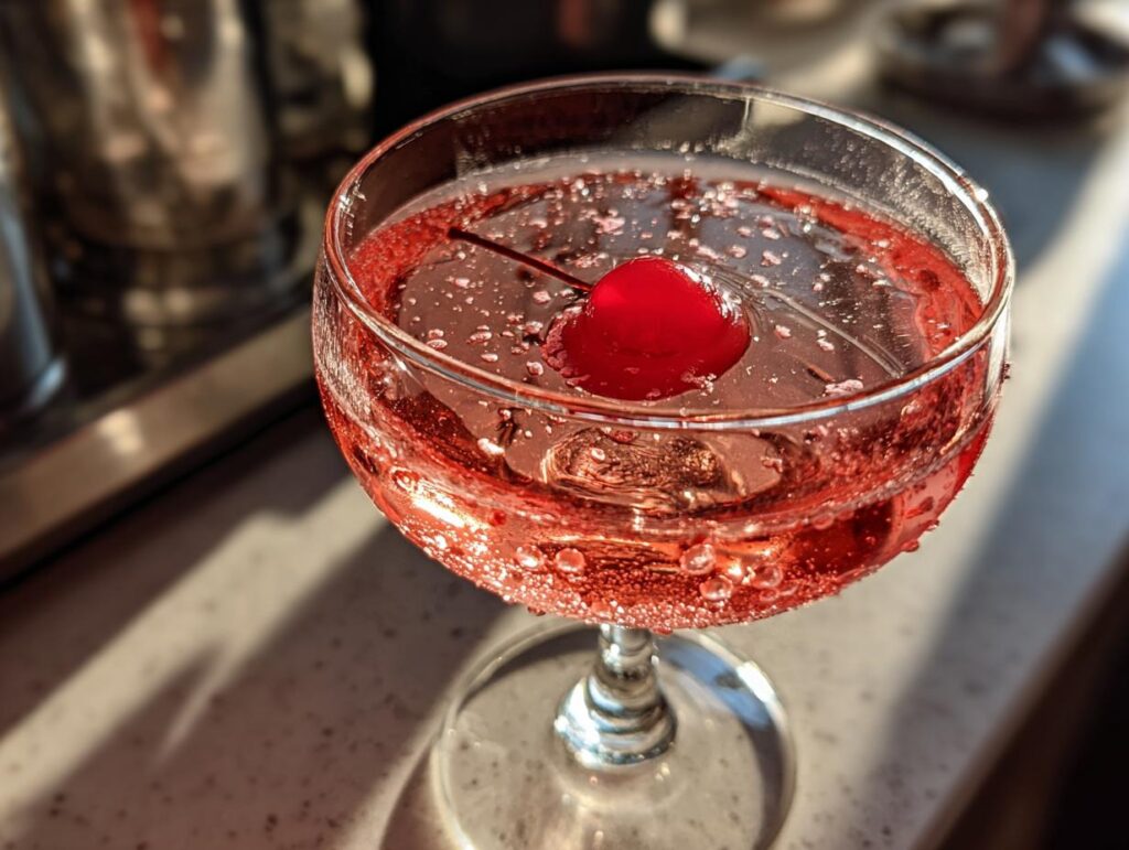 Close-up of a Cherry Blossom Cocktail in a coupe glass, garnished with a cherry.