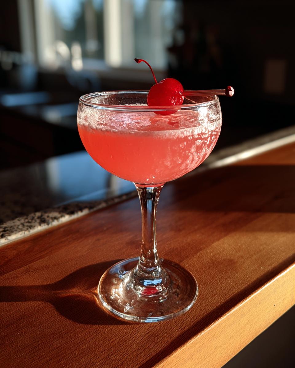 A refreshing Cherry Blossom Cocktail in a coupe glass, garnished with a cherry.