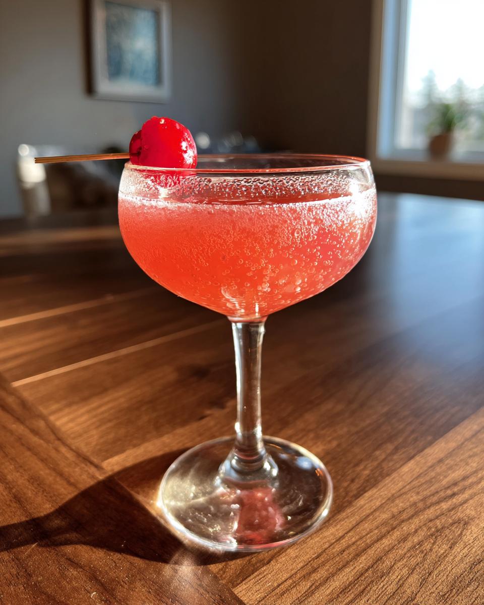 A refreshing Cherry Blossom Cocktail in a coupe glass, garnished with a cherry.