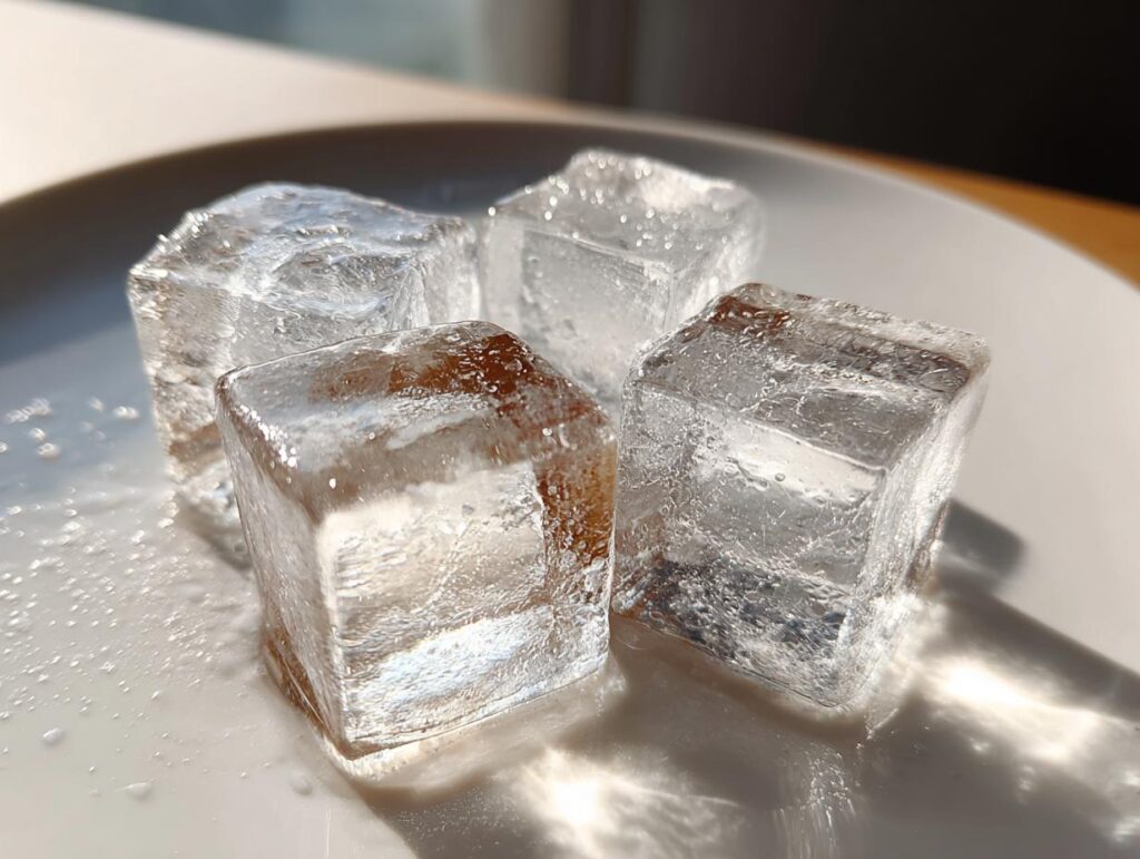 Four clear Chicken Broth Ice Cubes on a white plate, close-up view.