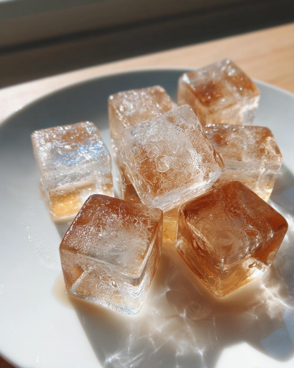 Close-up of several Chicken Broth Ice Cubes on a white plate, ready to be used.