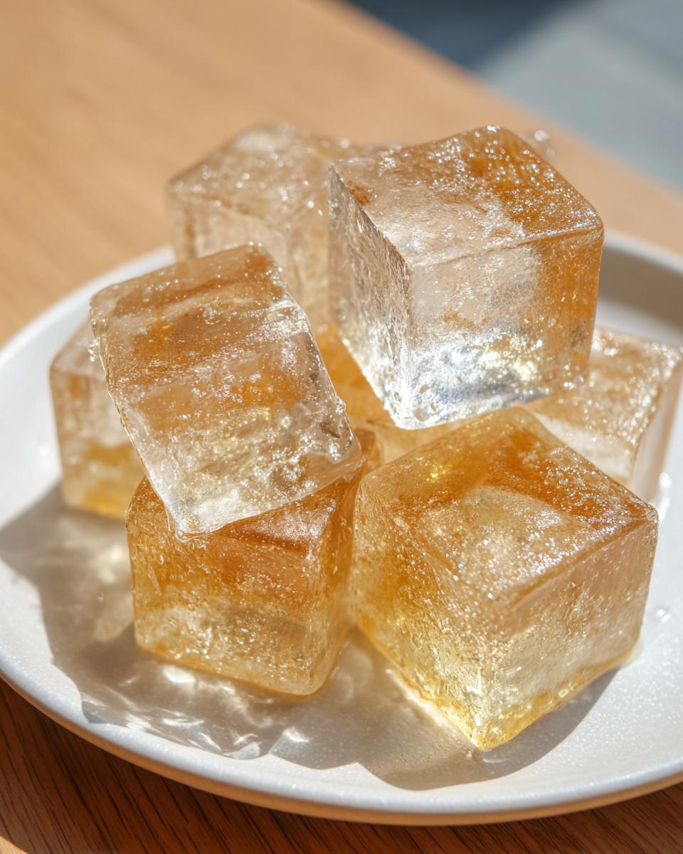 Close-up of golden Chicken Broth Ice Cubes on a white plate, ready to use.