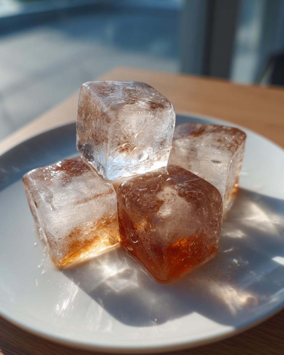 Close-up of several chicken broth ice cubes on a white plate, showing their color and clarity.