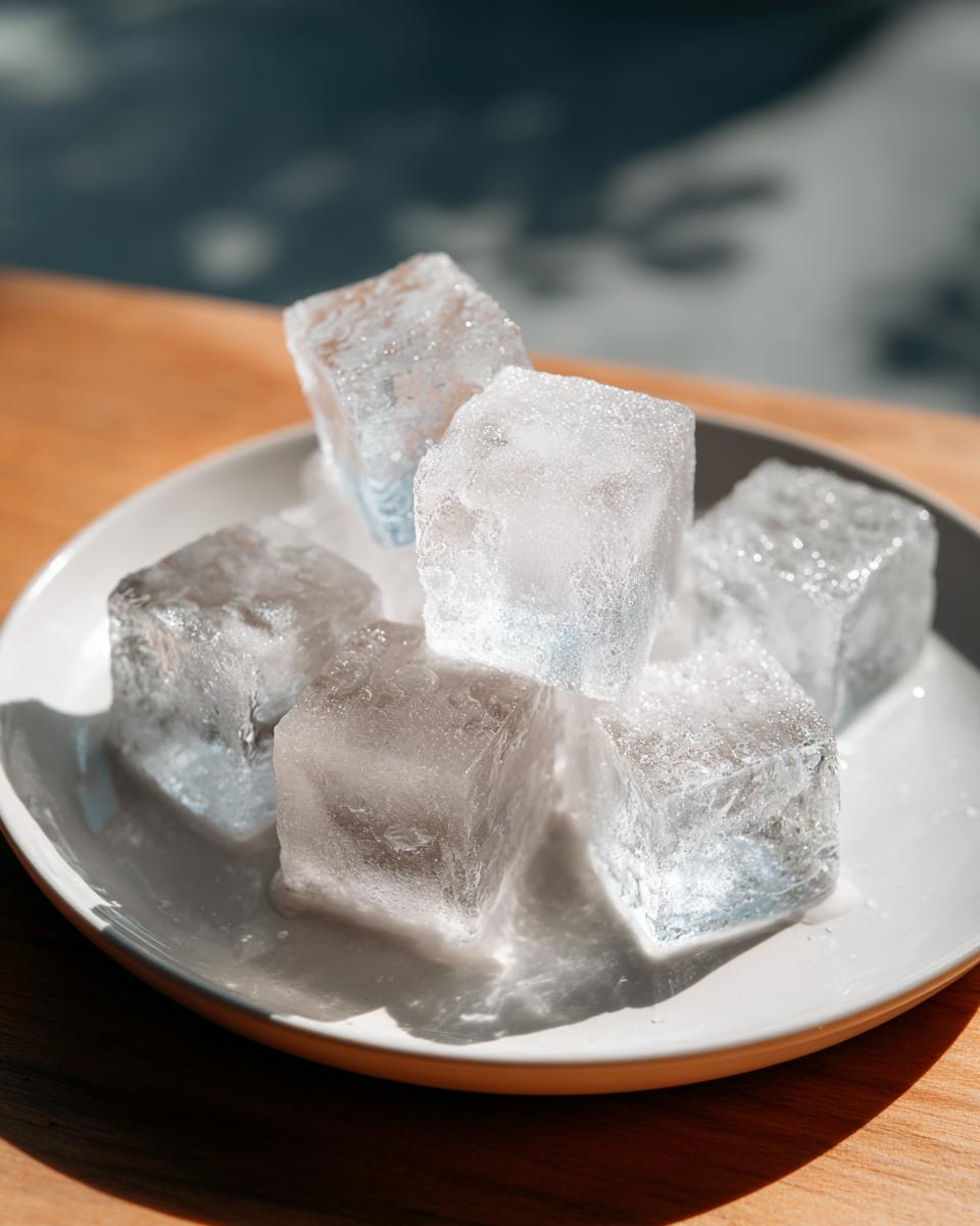 Close-up of frozen Chicken Broth Ice Cubes on a white plate, ready to use.