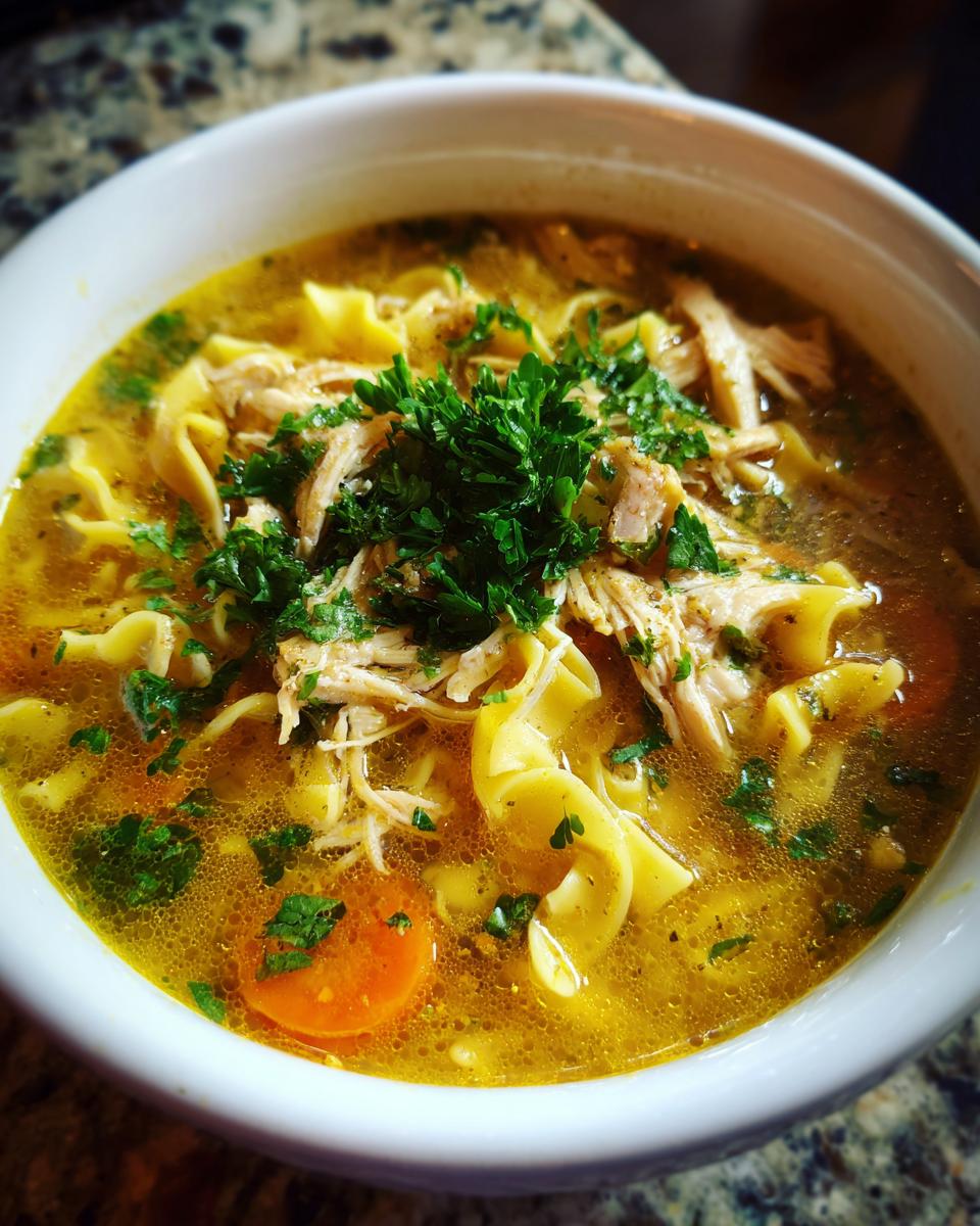 Close-up of a bowl of The Ultimate Chicken Noodle Soup, with noodles, chicken, and fresh herbs.