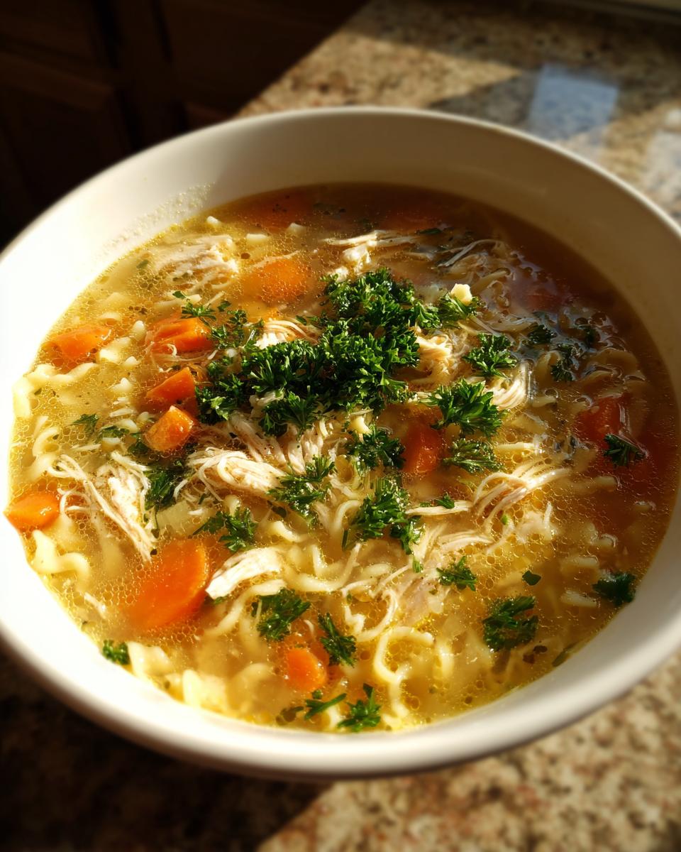 Bowl of The Ultimate Chicken Noodle Soup with carrots, noodles, chicken, and parsley.