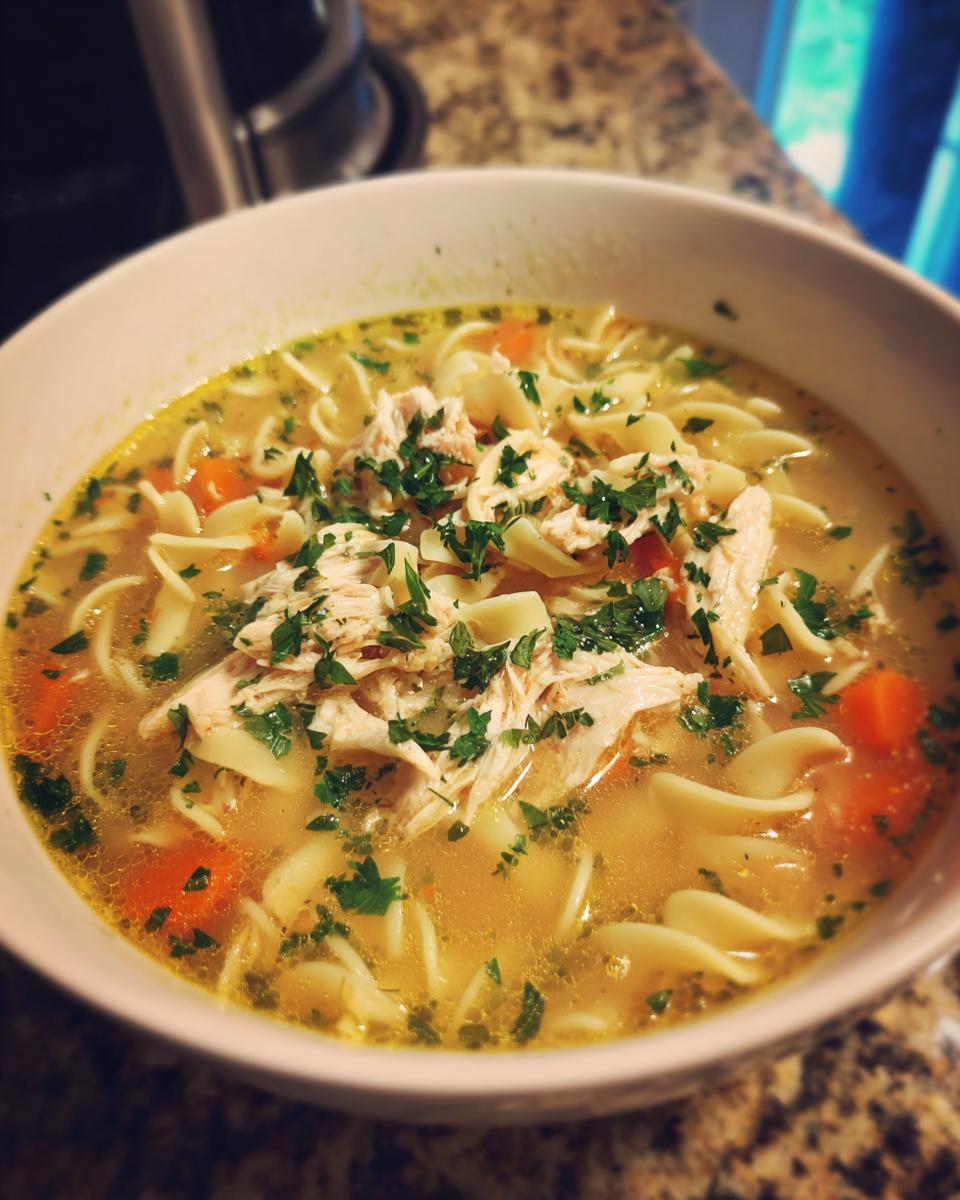 A bowl of The Ultimate Chicken Noodle Soup with noodles, chicken, carrots, and parsley.