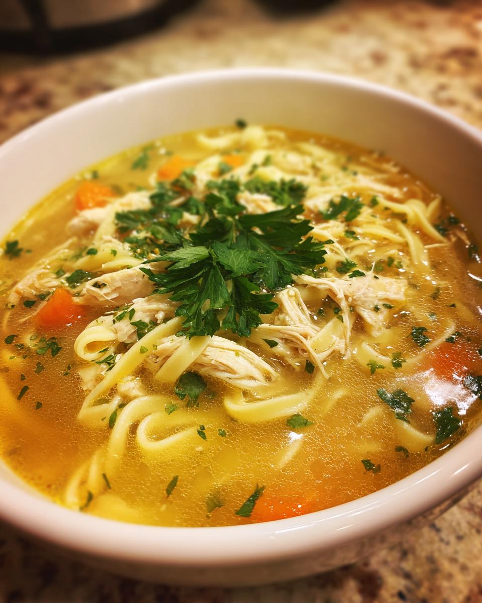 Close-up of a bowl of The Ultimate Chicken Noodle Soup with noodles, chicken, and carrots.