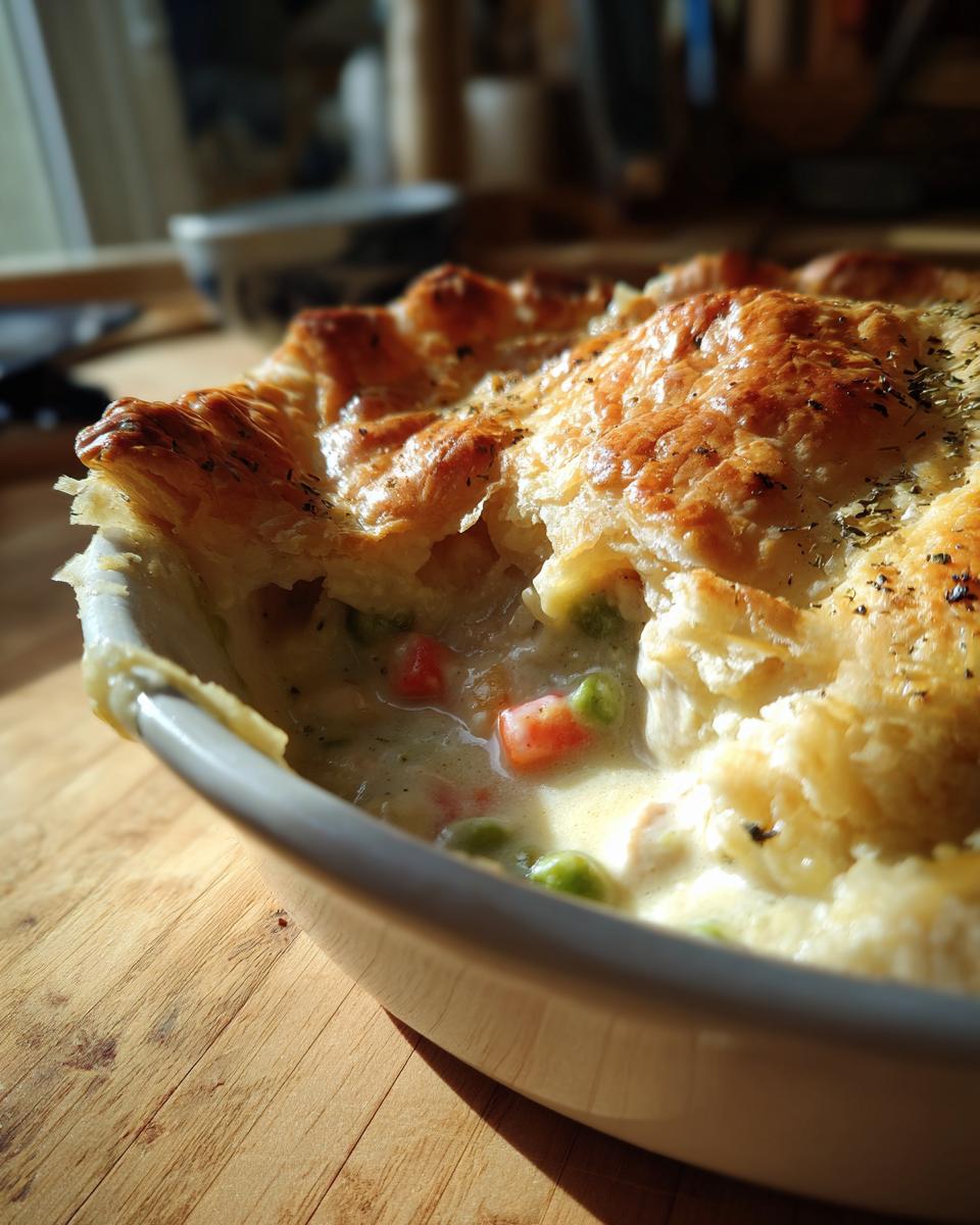 Close-up of a golden, flaky Chicken Pot Pie with visible filling of chicken and vegetables.