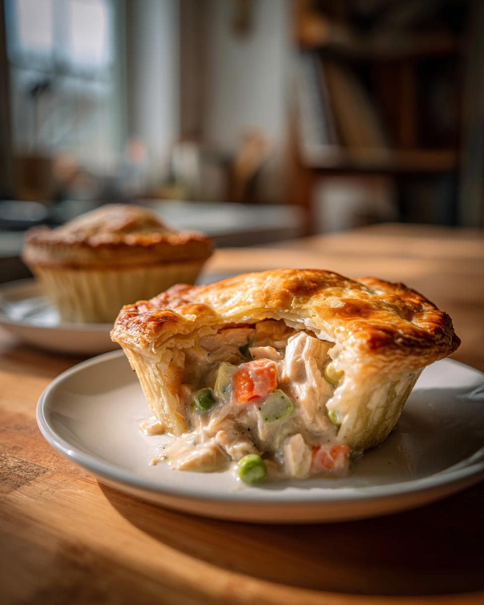 Close-up of a Chicken Pot Pie with golden, flaky crust, revealing the filling.