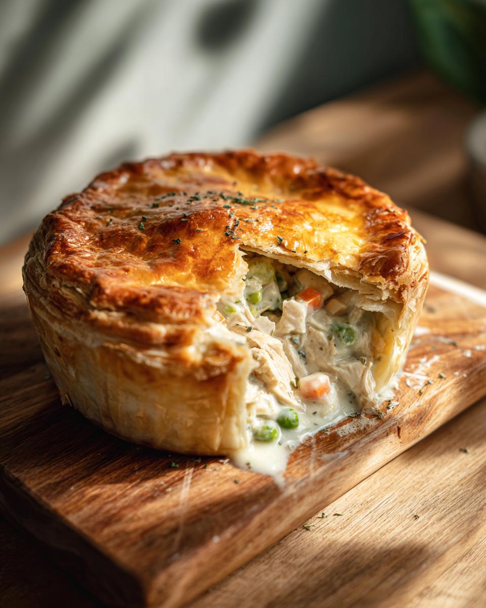Close-up of a Chicken Pot Pie with Golden, Flaky Crust, showing the filling.