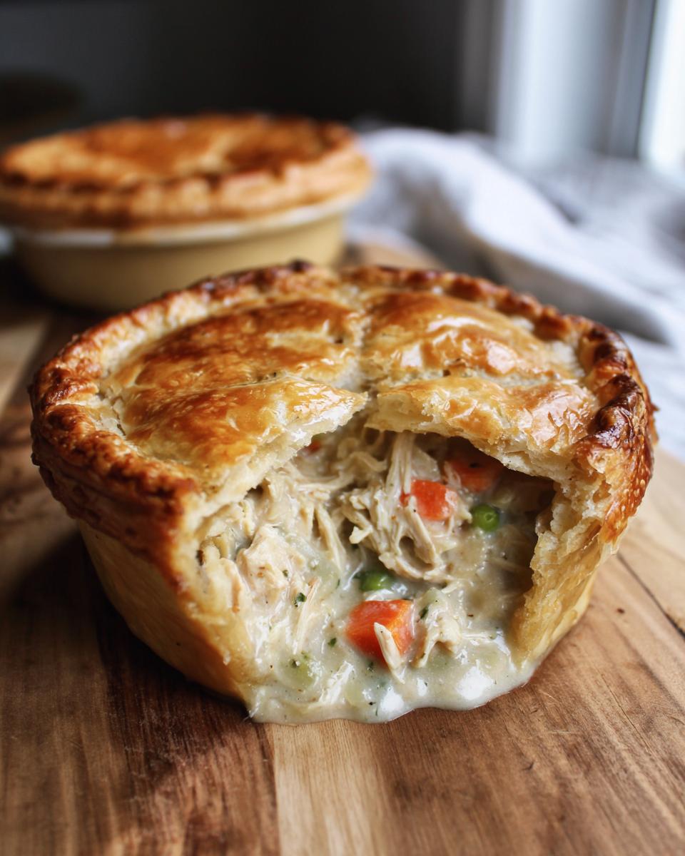 Close-up of a Chicken Pot Pie with golden, flaky crust, cut open to reveal the filling.