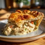 Close-up of a slice of Chicken Pot Pie with golden, flaky crust, filled with chicken and vegetables.