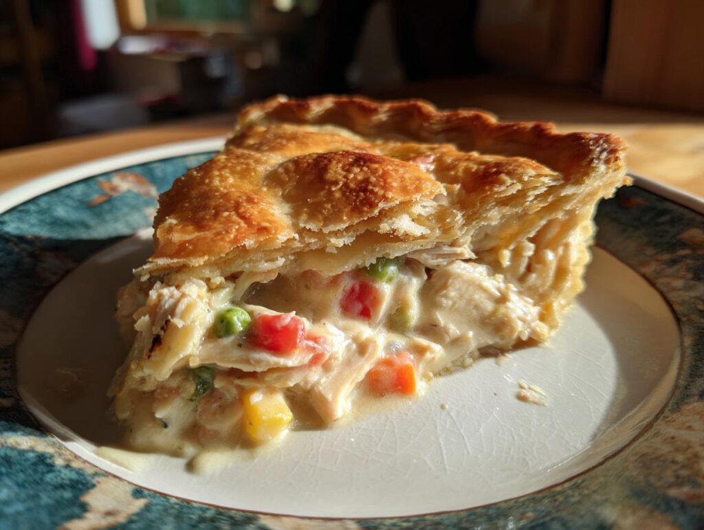 A slice of Chicken Pot Pie with golden, flaky crust on a plate, showing the filling.