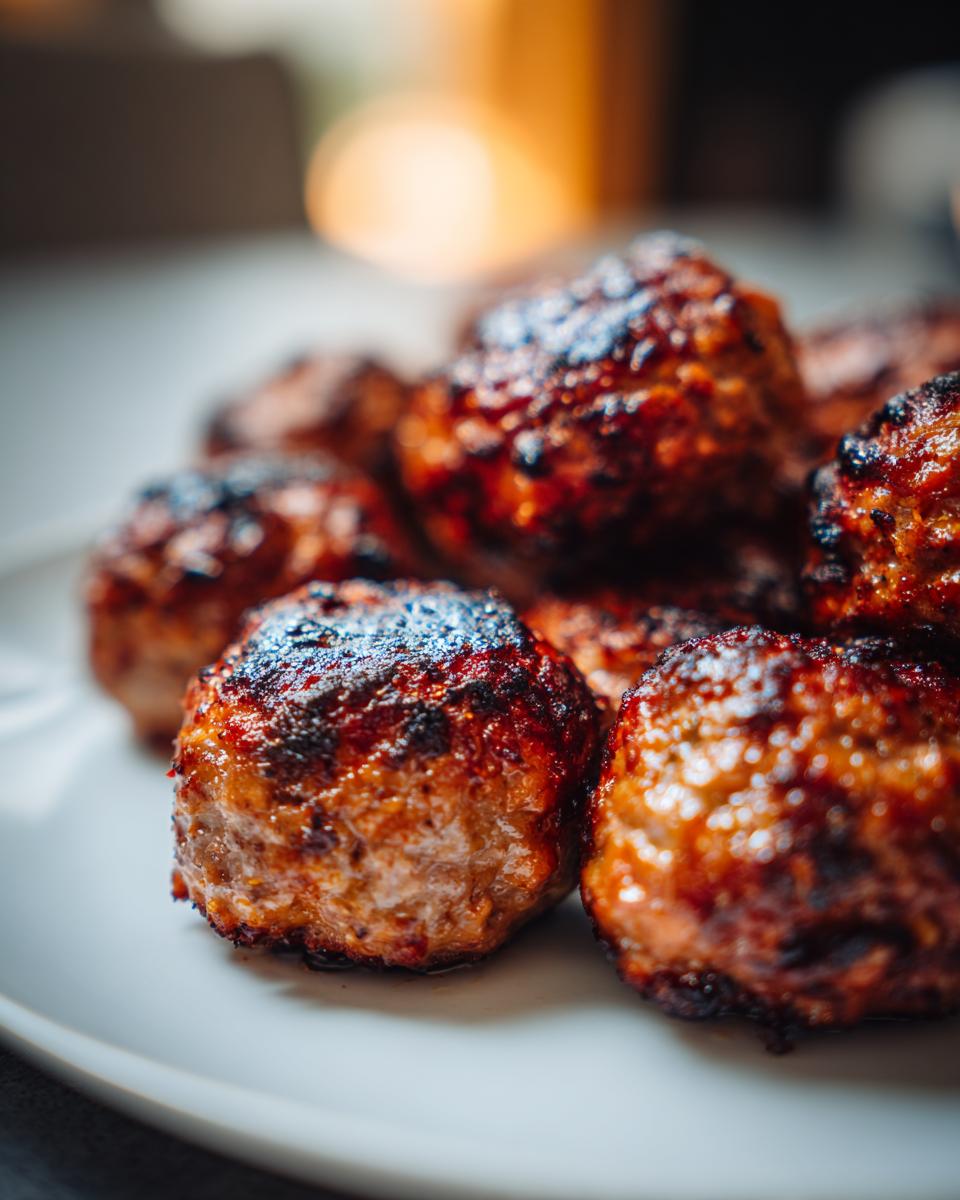Close-up of cooked Chicken & Sweet Potato Meatballs on a white plate, showing texture and browning.