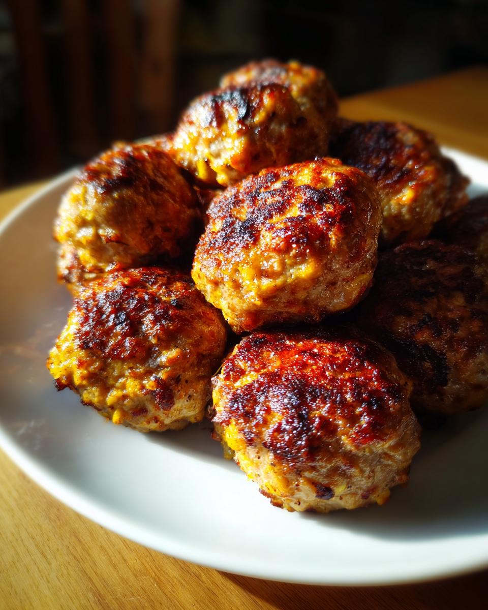 Pile of cooked Chicken & Sweet Potato Meatballs on a white plate, close-up.