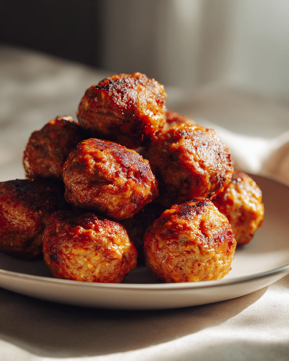 Close-up of a stack of delicious Chicken & Sweet Potato Meatballs on a plate.