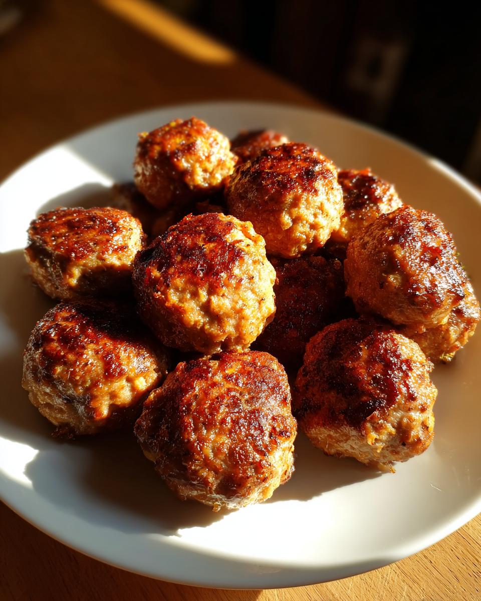 Close-up of a plate piled high with delicious Chicken & Sweet Potato Meatballs.