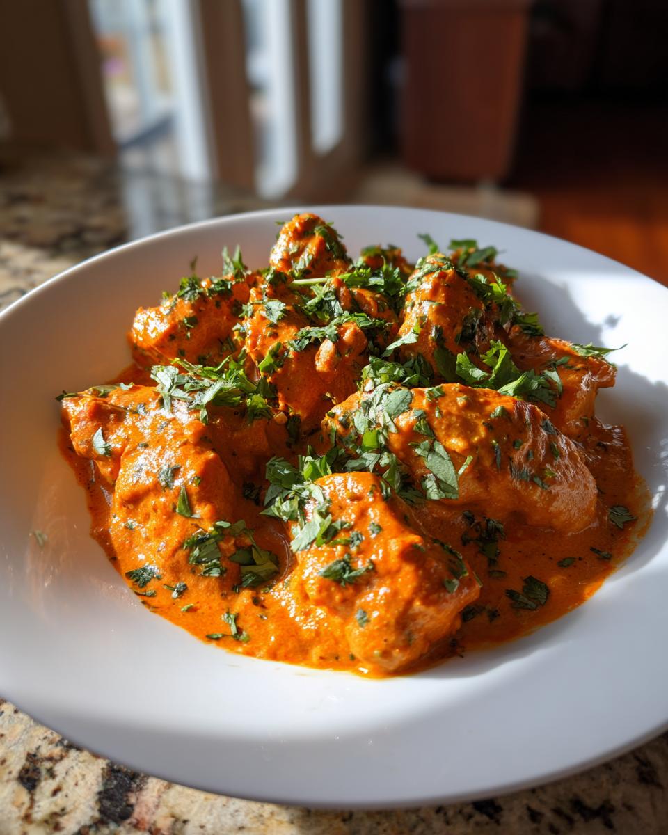 Close-up of Chicken Tikka Masala in a white bowl, garnished with fresh cilantro. The Chicken Tikka Masala looks delicious.