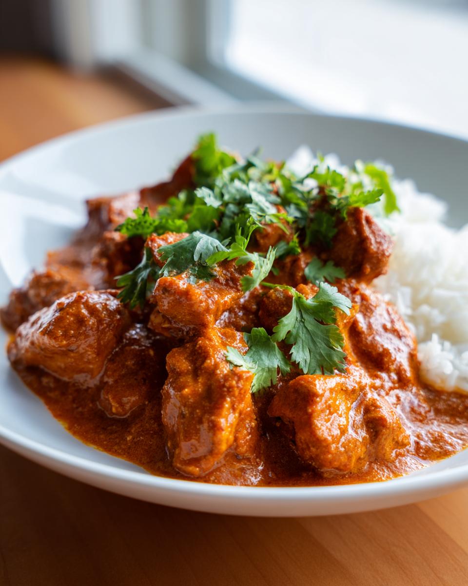 A plate of Chicken Tikka Masala with white rice and fresh cilantro garnish.