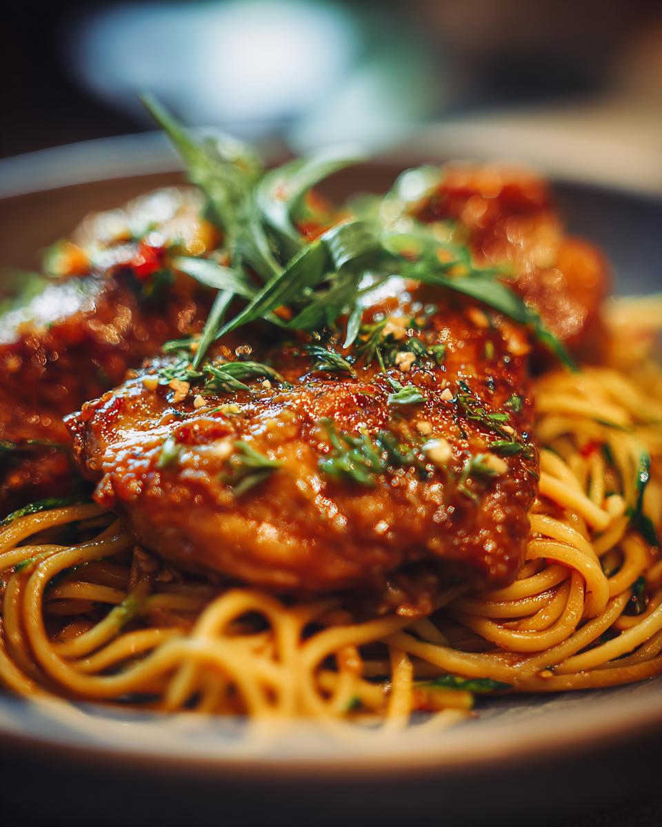 Close-up of Chicken & Zoodle Spaghetti with chicken, zoodles, and fresh herbs.