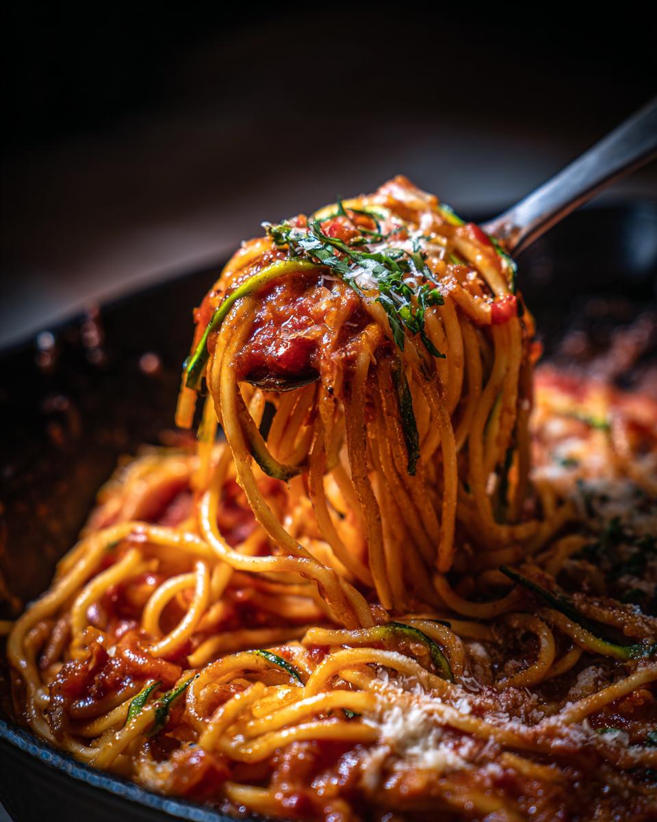 Close-up of Chicken & Zoodle Spaghetti being lifted with a fork, with tomato sauce and zucchini noodles.