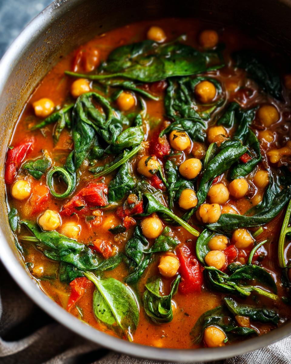 Close-up of a pot of Chickpea & Spinach Stew, showing chickpeas, spinach, and tomatoes.