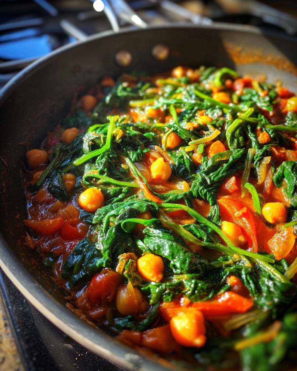Close-up of a flavorful Chickpea & Spinach Stew simmering in a pan, with chickpeas, spinach, and tomatoes.